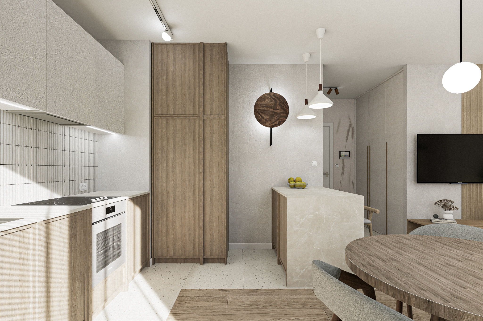 Nowoczesna kuchnia z drewnianymi szafkami, wyspą i okrągłym stołem. Minimalistyczne oświetlenie i jasne kolory tworzą przytulną atmosferę.