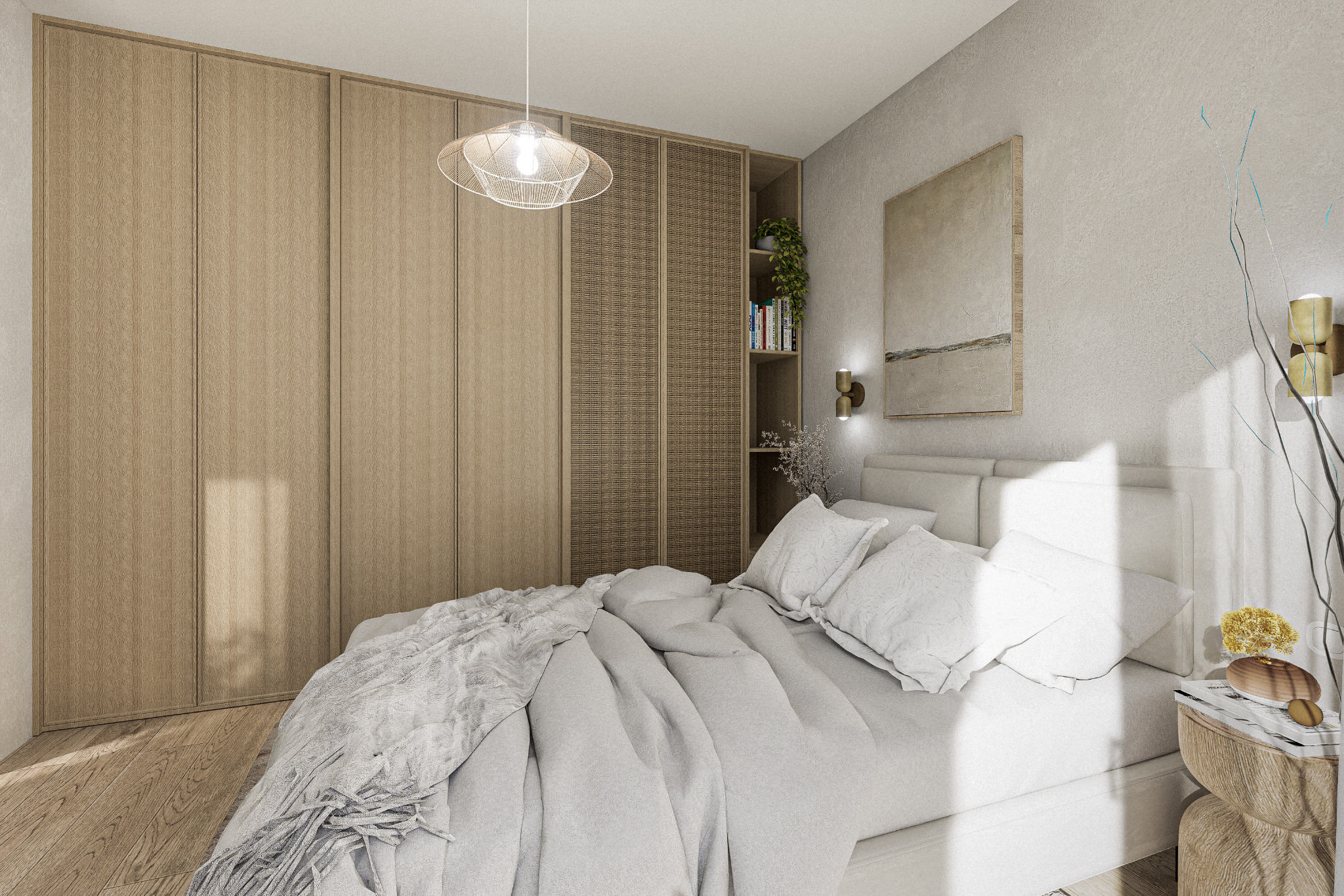 Jasna sypialnia z dużą, drewnianą szafą w zabudowie, designerską lampą wiszącą i minimalistycznym obrazem na ścianie. Przytulne wnętrze z elementami dekoracyjnymi.