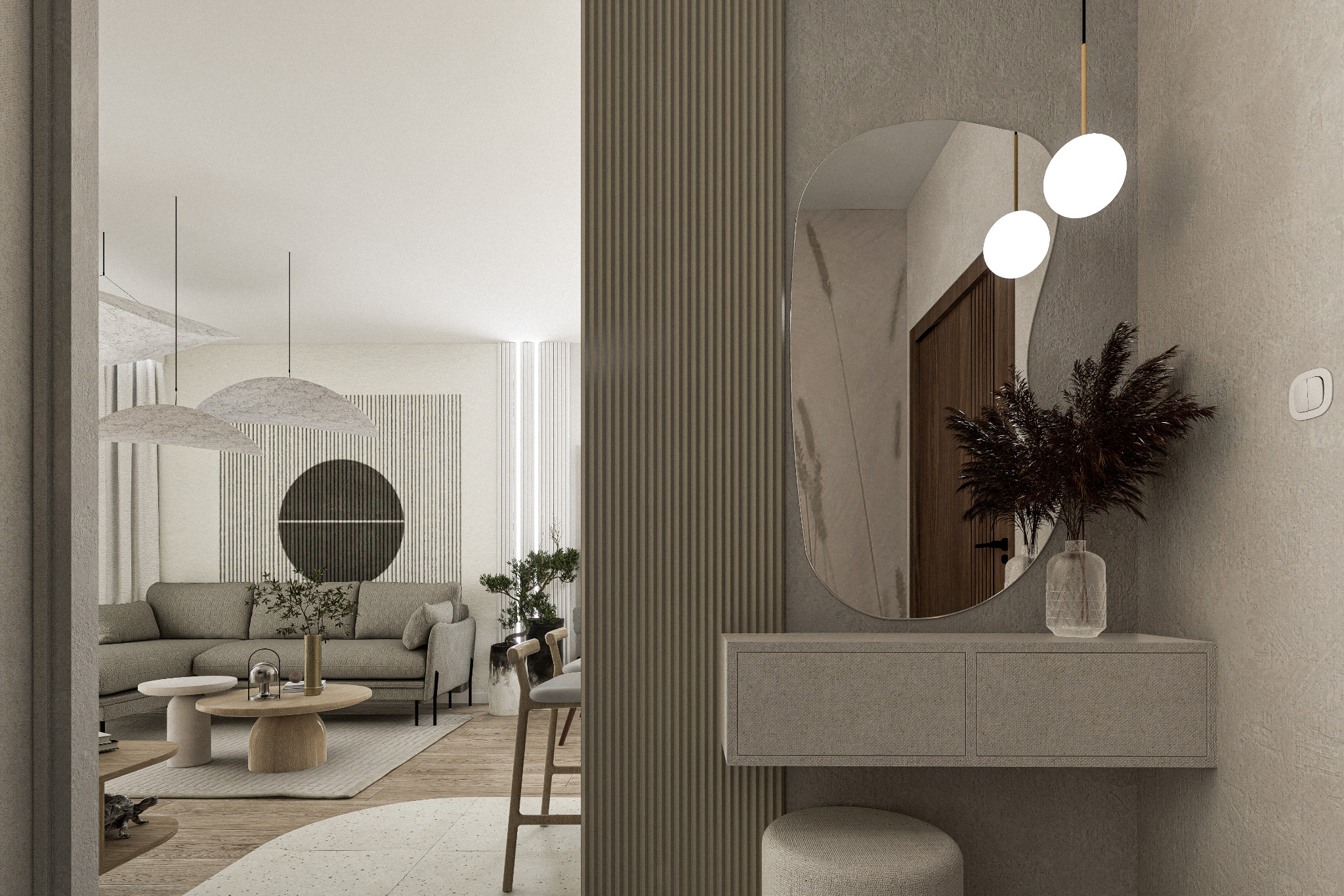 Nowoczesny przedpokój z lustrem i konsolą w neutralnych barwach. W tle widoczny salon z sofą i okrągłym stolikiem kawowym. Całość utrzymana w minimalistycznym stylu.