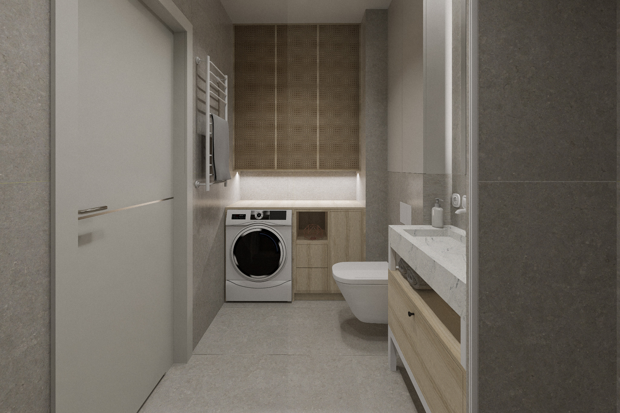 Nowoczesna łazienka w stonowanych szarościach z pralką, umywalką z szafką i toaletą. Nad pralką zabudowa z rattanowymi frontami i oświetleniem punktowym.
