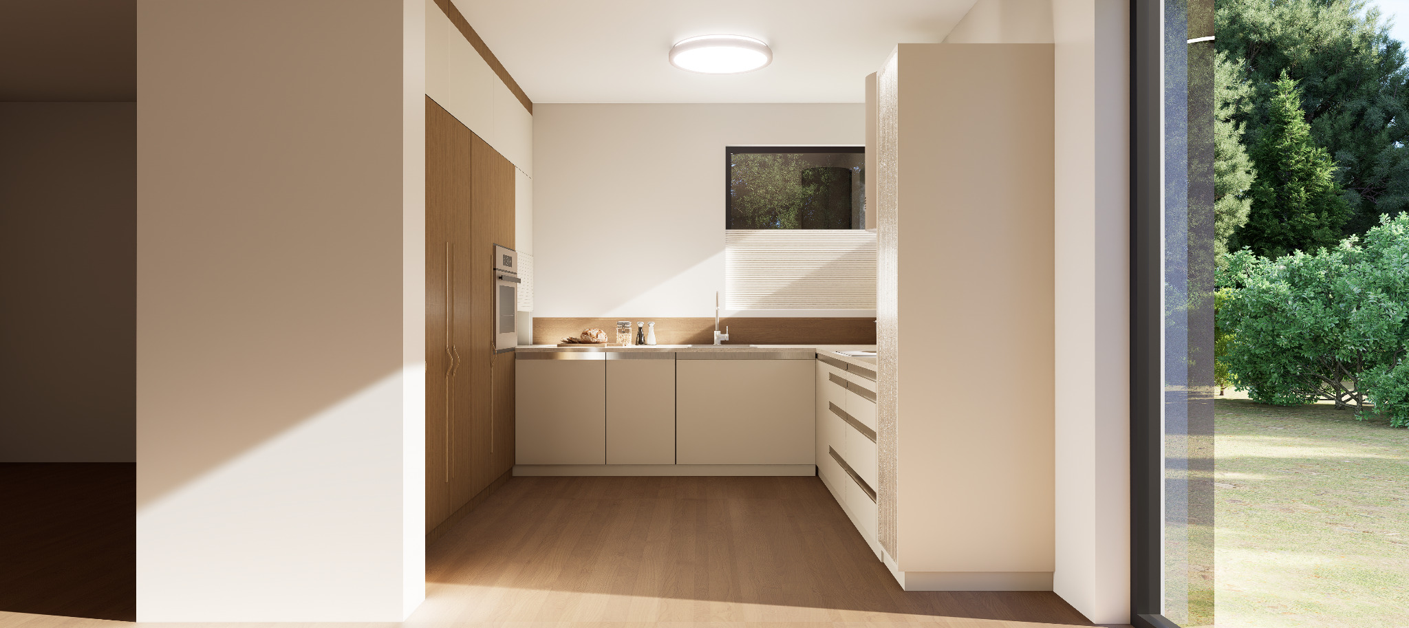 Jasna kuchnia z drewnianymi akcentami, minimalistyczny design, widok na zieleń przez okno. Nowoczesne szafki i sprzęty tworzą spójną całość.