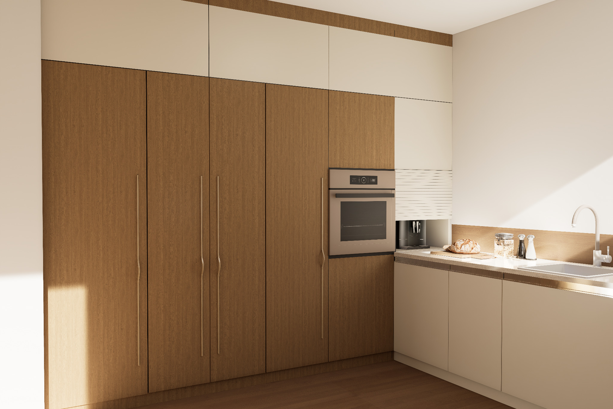 Nowoczesna kuchnia z drewnianymi frontami szafek i białymi górnymi szafkami. Wbudowany piekarnik i ekspres do kawy. Na blacie chleb, przyprawy i zlew.