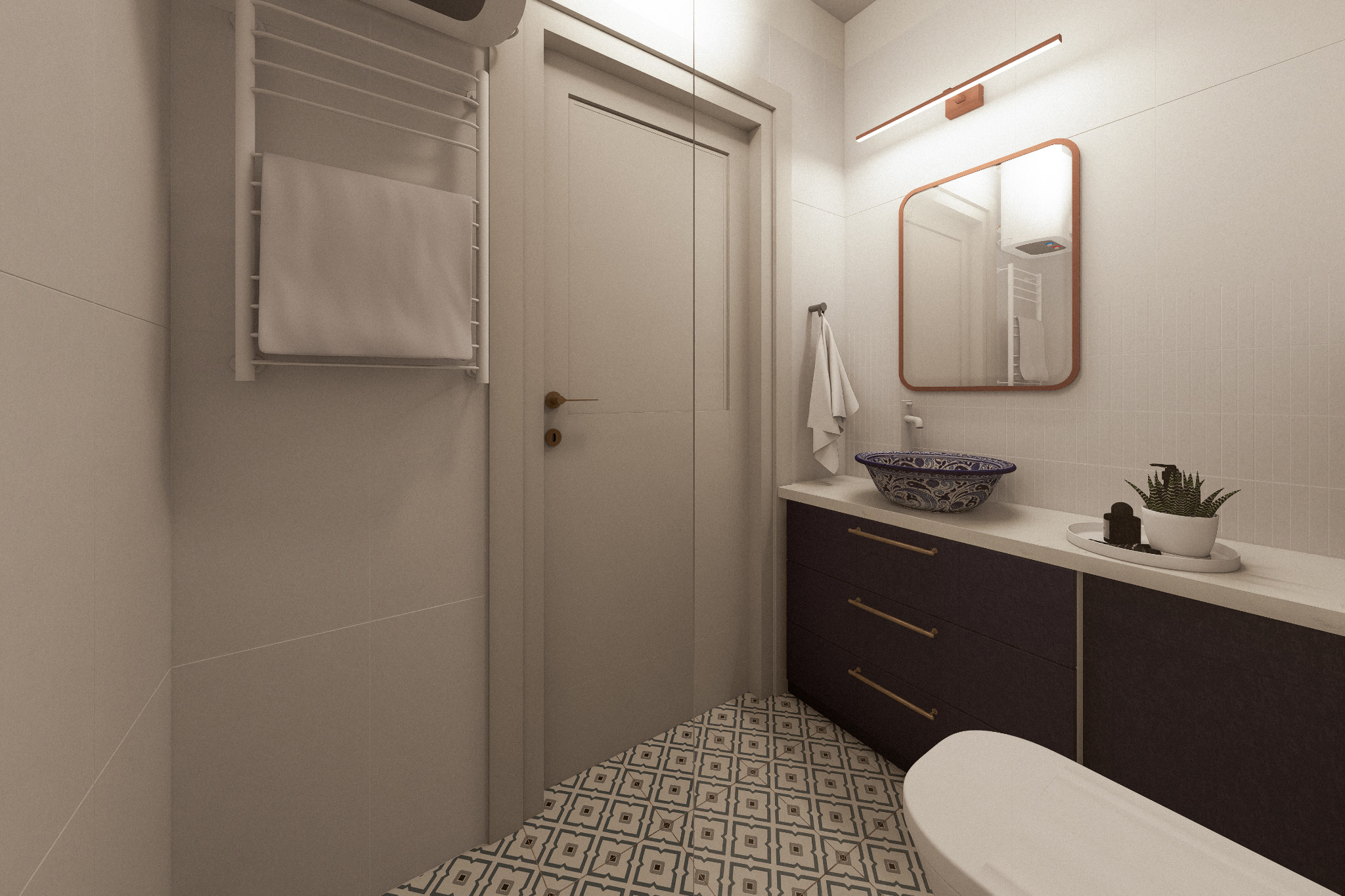 Elegancka łazienka z umywalką w stylu boho, ciemnymi szafkami z złotymi uchwytami i wzorzystą podłogą. Na ścianie lustro z podświetleniem i grzejnik drabinkowy.