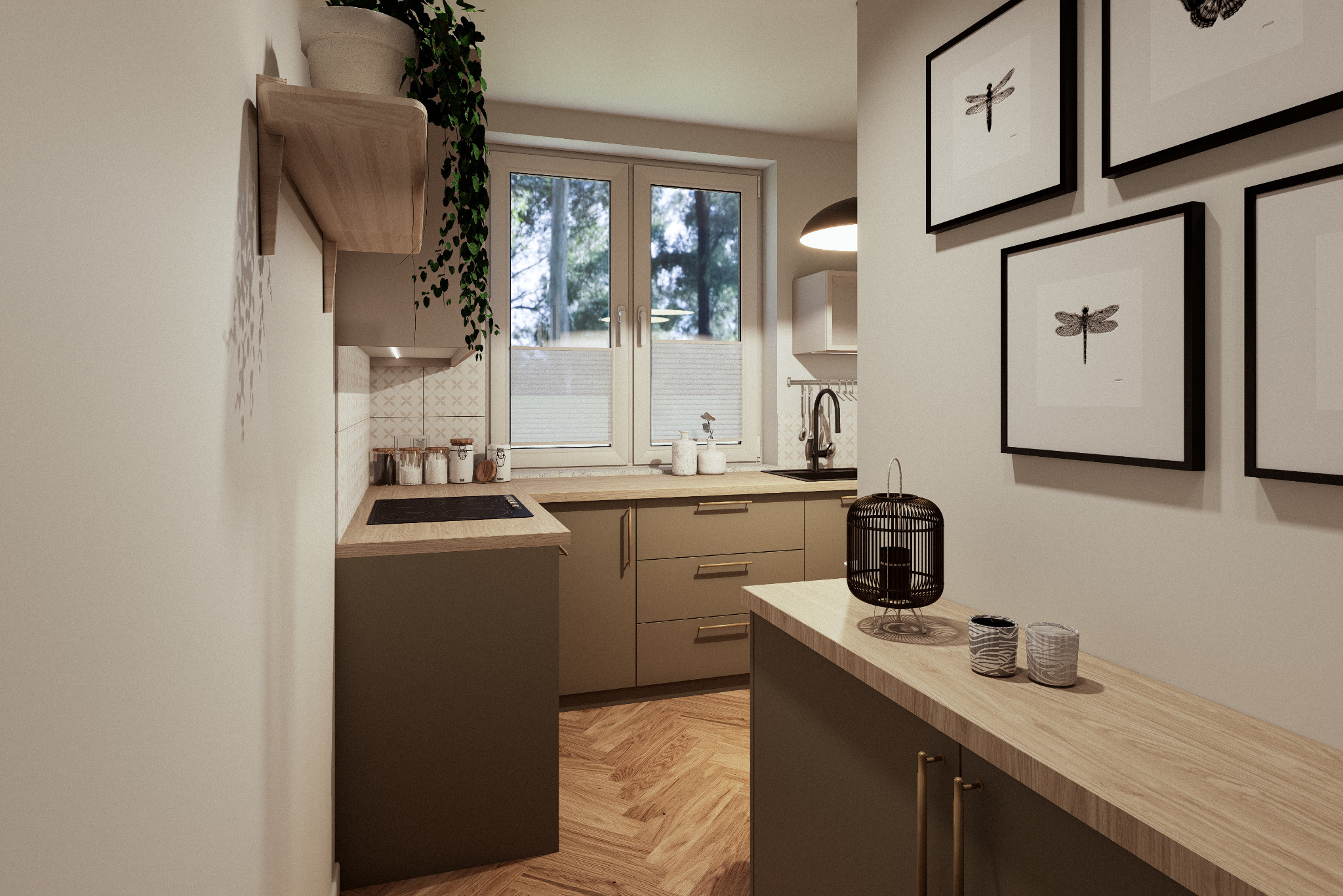 Nowoczesna kuchnia z drewnianą podłogą w jodełkę, jasnymi szafkami i dekoracjami ściennymi w postaci grafik z ważkami. Roślina zwisająca z półki dodaje naturalnego akcentu.