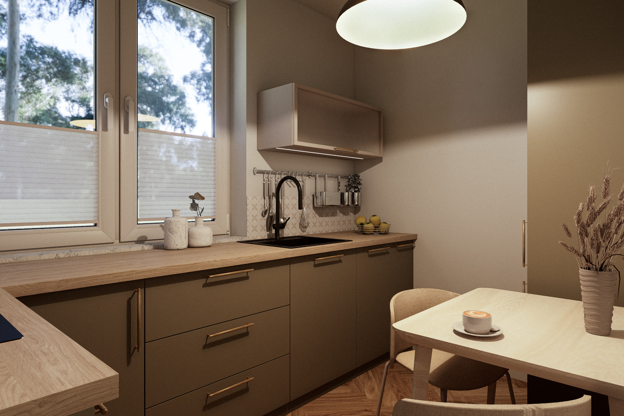 Nowoczesna kuchnia w odcieniach beżu i brązu z drewnianym blatem, czarnym zlewem i minimalistycznymi dodatkami. Na stole filiżanka kawy.