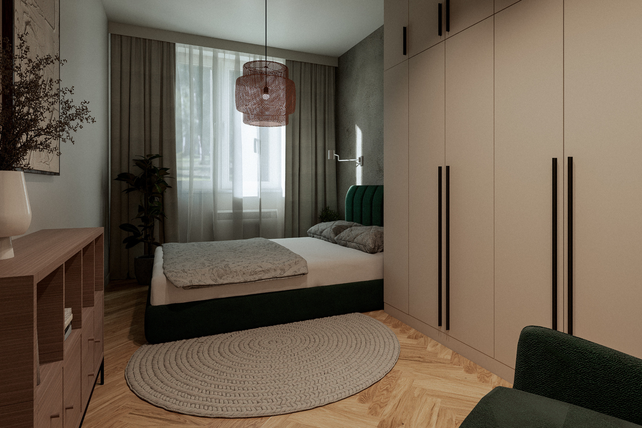 Nowoczesna sypialnia z beżową szafą w zabudowie, zielonym łóżkiem i okrągłym dywanem. W tle okno z zasłonami i dekoracyjna lampa wisząca.
