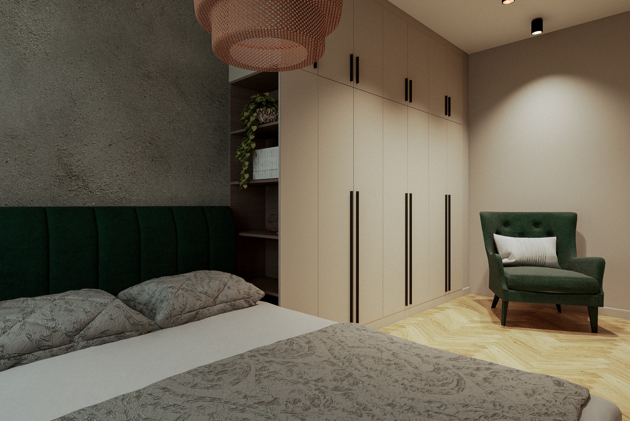 Sypialnia w Krakowie z dużą szafą na wymiar w odcieniach beżu, ciemnozielonym zagłówkiem łóżka i fotelem. Na szafie półka z rośliną doniczkową.