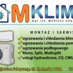 Reklama firmy MKLIMA mgr inż. Mariusza Grądkowskiego z Rejowca Fabrycznego, oferującej montaż i serwis ogrzewania, chłodzenia, klimatyzacji, pomp ciepła i ogrzewania podłogowego. Widoczne jednostki...