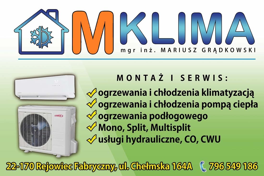 Reklama firmy MKLIMA mgr inż. Mariusza Grądkowskiego z Rejowca Fabrycznego, oferującej montaż i serwis ogrzewania, chłodzenia, klimatyzacji, pomp ciepła i ogrzewania podłogowego. Widoczne jednostki...