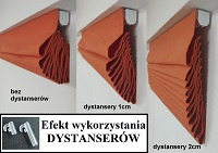 Pomarańczowe tekstylne osłony okienne typu rzymskiego w trzech wariantach: bez dystanserów, z dystanserami 1cm i 2cm, prezentacja efektu wykorzystania dystanserów.