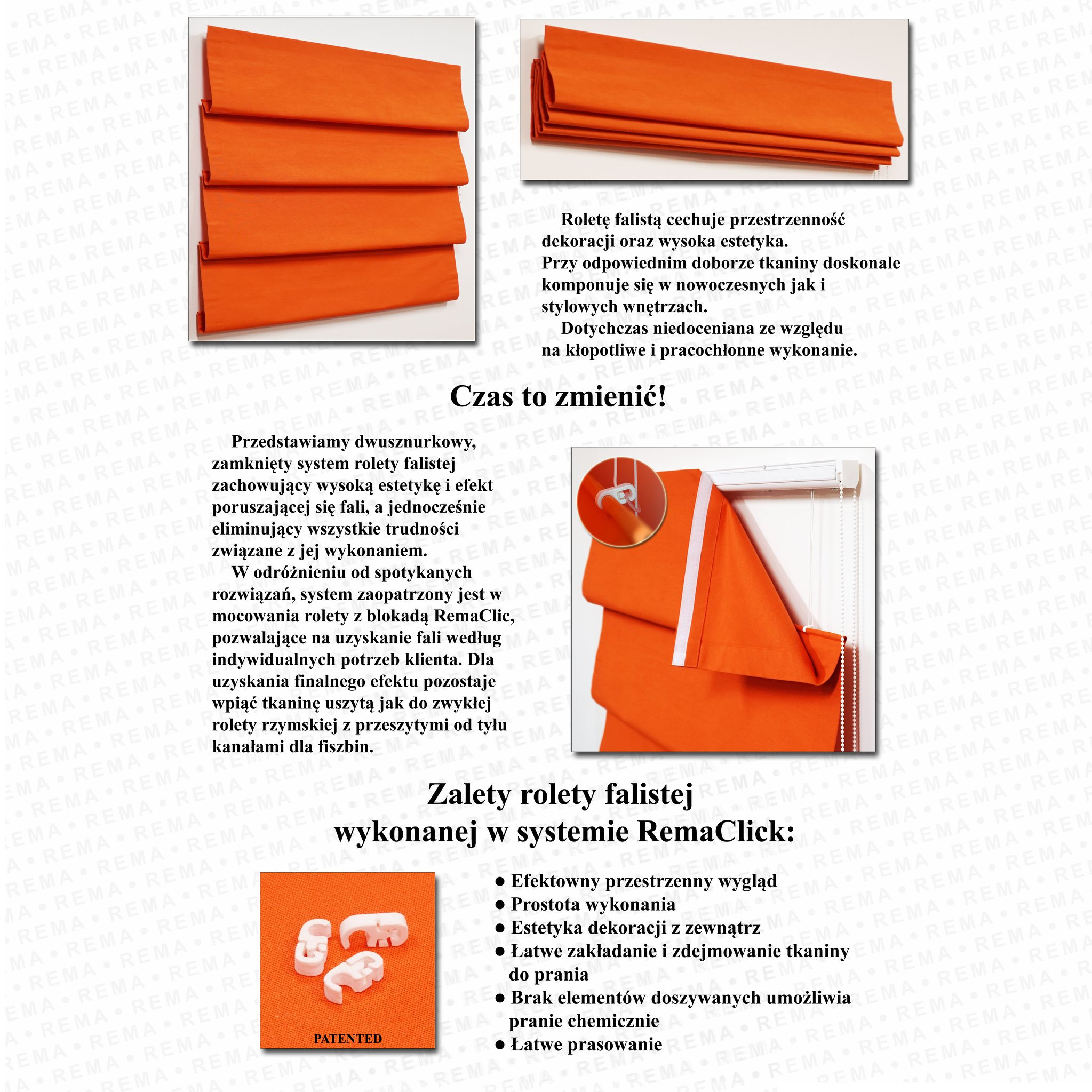 Pomarańczowa roleta falista z systemem RemaClick, prezentująca efektowny przestrzenny wygląd i łatwość montażu, zbliżenie na detale mocowania.