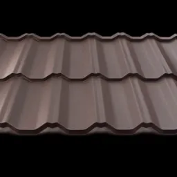 Brązowe, matowe arkusze blachy dachowej z tłoczeniem imitującym dachówkę, ułożone warstwowo na czarnym tle.