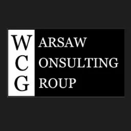 Logo firmy WCG Warsaw Consulting Group, świadczącej usługi w Warszawie. Czarno-biała grafika z inicjałami i pełną nazwą firmy.