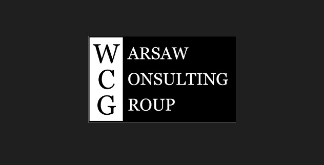 Logo firmy WCG Warsaw Consulting Group, świadczącej usługi w Warszawie. Czarno-biała grafika z inicjałami i pełną nazwą firmy.