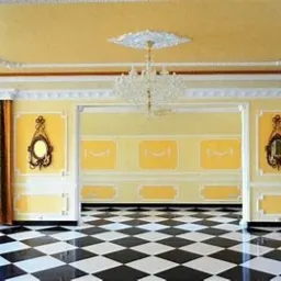 Eleganckie wnętrze z szachownicową podłogą, żółtymi ścianami z białymi dekoracjami, kryształowym żyrandolem i złotymi zasłonami po bokach okien.