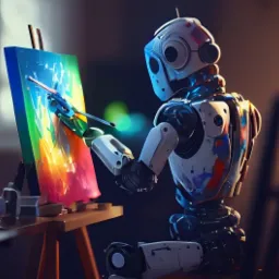 Robot maluje obraz na sztalugach, używając pędzla z precyzyjnym ramieniem; abstrakcyjne, kolorowe dzieło w toku.