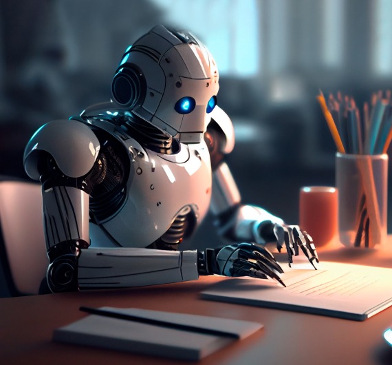 Biały robot z niebieskimi oczami, siedzący przy biurku i piszący na kartce papieru, obok notatnik i pojemnik z ołówkami.