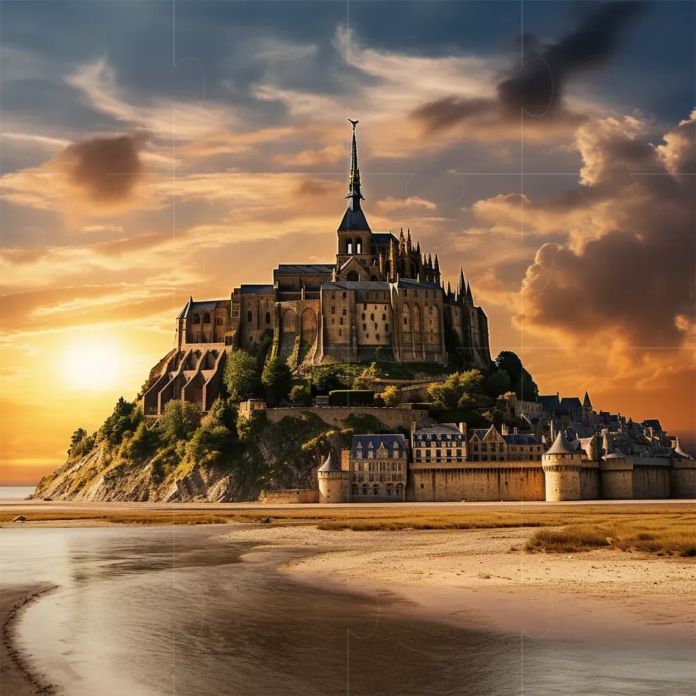 Mont Saint-Michel z oddali podczas zachodu słońca, widok na pływy odsłaniające piaszczyste wybrzeże, dramatyczne chmury na niebie.