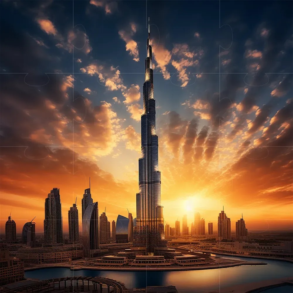 Widok na panoramę Dubaju z dominującym Burj Khalifa o zachodzie słońca, odbijającym się w wodach kanału, z elementami układanki nałożonymi na obraz.
