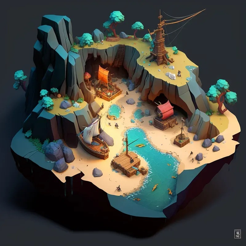 Izometryczny widok na stylizowaną, fantazyjną wyspę z zatoką, plażą, skałami, roślinnością i miniaturowymi budowlami w Grudziądzu. Widoczne są drewniane konstrukcje, łodzie i stylizowani ludzie.