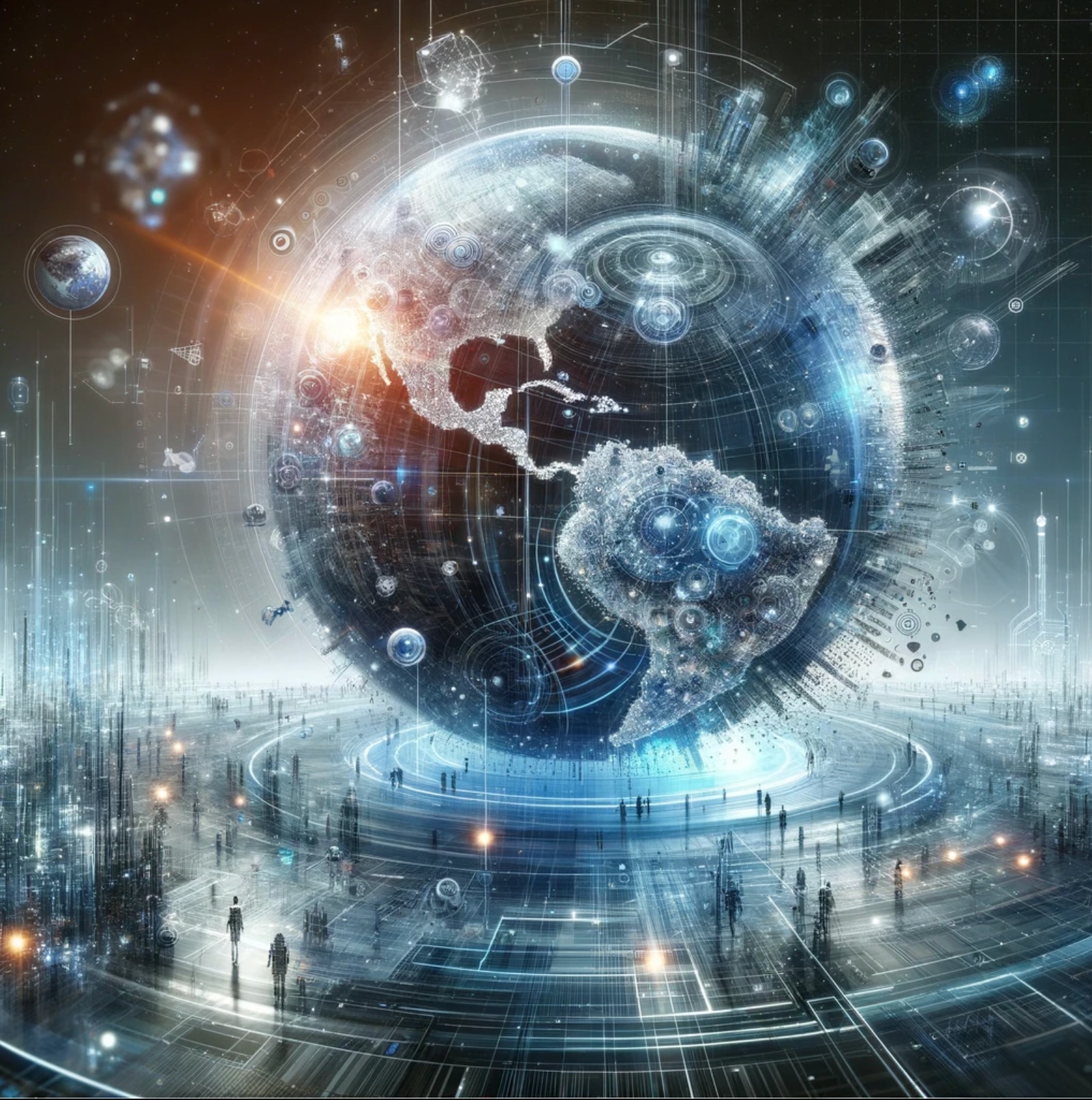 Abstrakcyjna wizualizacja globalnej sieci danych z elementami Ziemi, otoczona przez futurystyczne struktury i postacie w oddali.