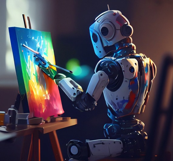 Robot maluje obraz na sztalugach, używając pędzla z precyzyjnym ramieniem; abstrakcyjne, kolorowe dzieło w toku.