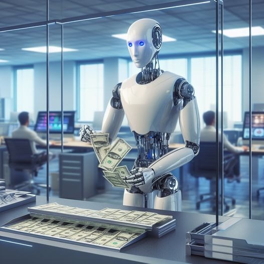 Robot liczący pieniądze w biurze, z pracownikami w tle, przez szklaną ścianę.