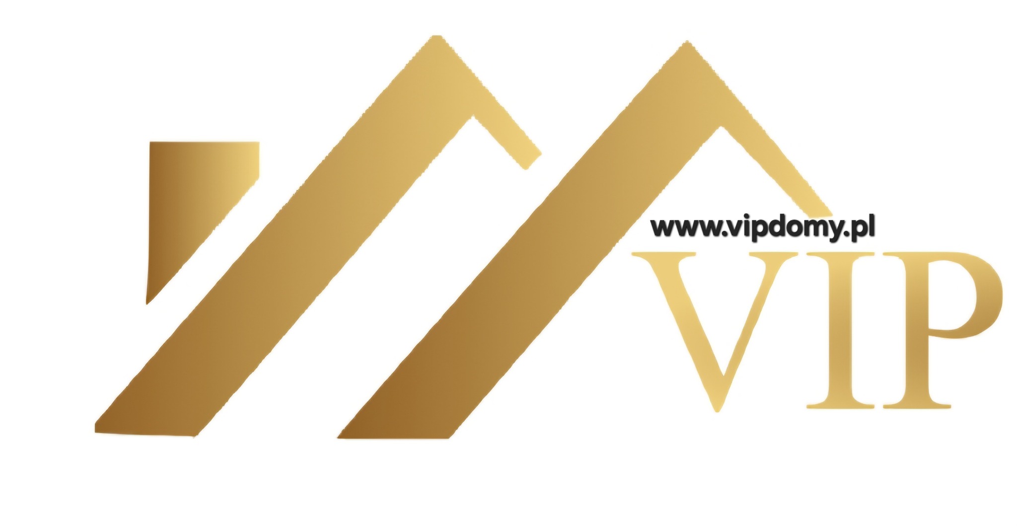 Złote logo firmy VIPDOMY.pl z motywem dachu domu i adresem strony internetowej.