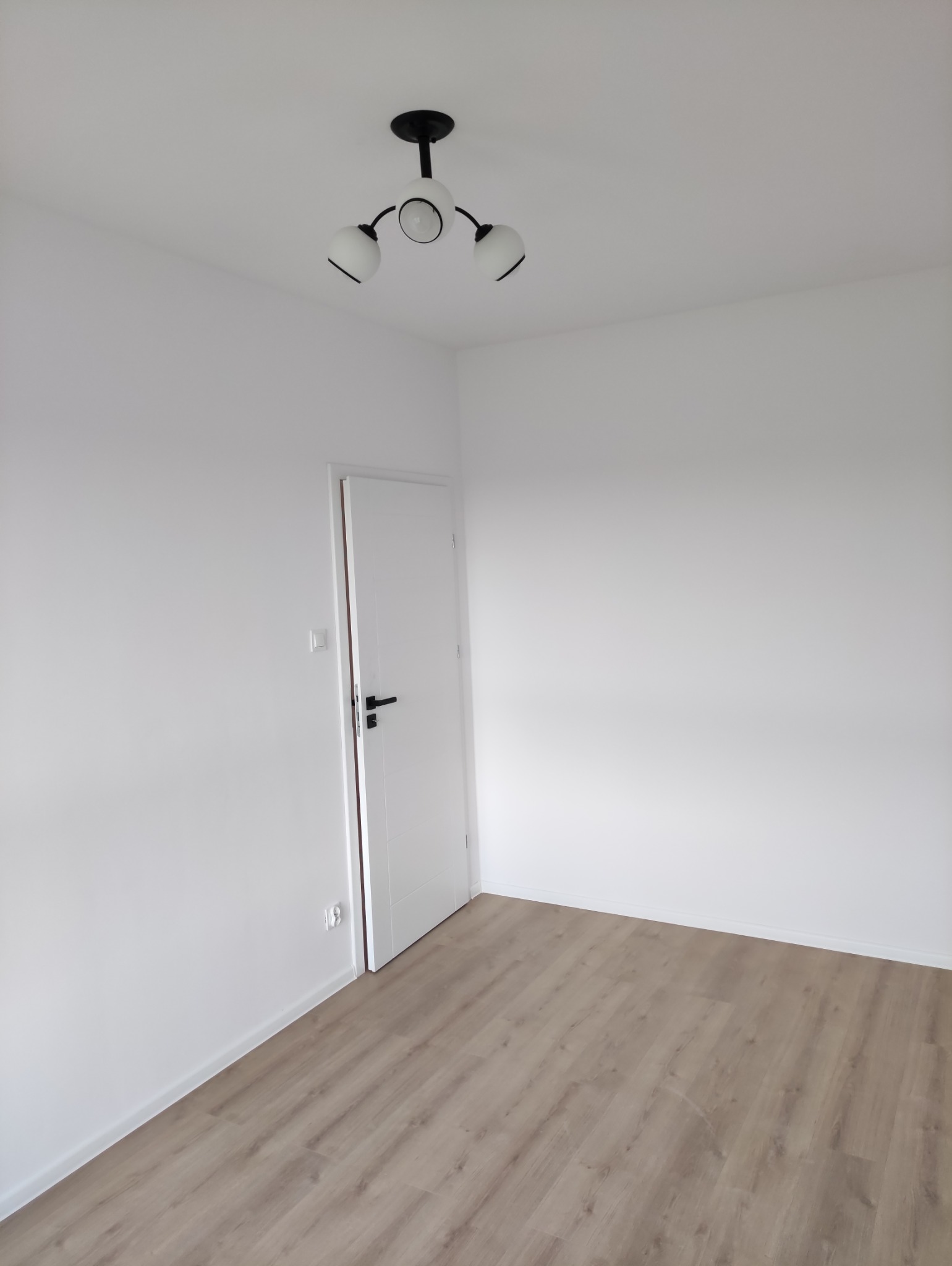 Jasne panele podłogowe w minimalistycznym pokoju z białymi ścianami, czarną lampą sufitową i białymi drzwiami z czarną klamką. Nowoczesne wykończenie.