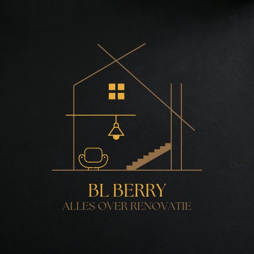Minimalistyczne logo firmy BL BERRY zarys domu z oknem, schodami, lampą i fotelem na czarnym tle z napisem 'Alles over renovatie'.