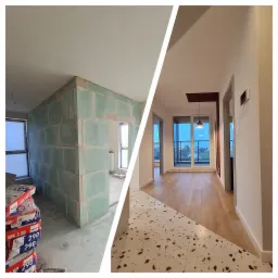 Porównanie stanu surowego z płyt gipsowo-kartonowych i wykończonego wnętrza z parkietem oraz terazzo na podłodze, widoczne worki zaprawy Sopro WS 3.50