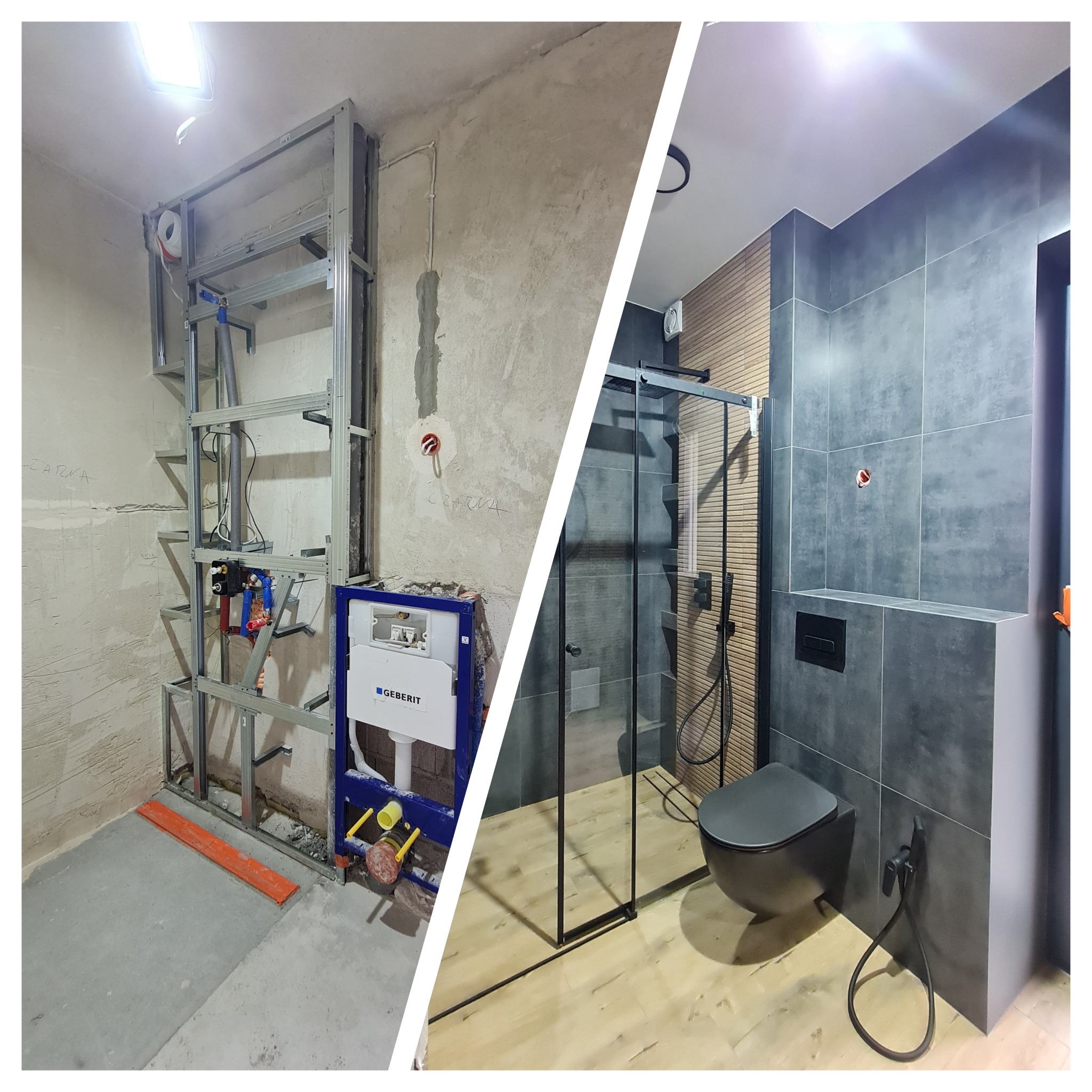 Porównanie stanu surowego i wykończonej łazienki: stelaż podtynkowy Geberit przed zabudową i nowoczesna kabina prysznicowa z czarną armaturą na tle szarych płytek.