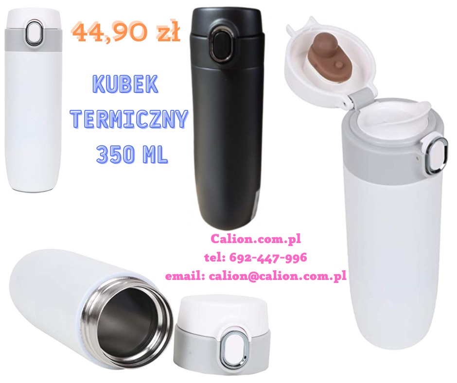 Kolaż przedstawiający biały i czarny kubek termiczny o pojemności 350 ml, z widocznymi detalami zamknięcia i wnętrza, na białym tle z informacjami kontaktowymi.