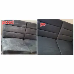 Zdjęcie kanapy w Toruniu, podzielone na dwie części: lewa pokazuje stan przed czyszczeniem, z widocznymi plamami i zabrudzeniami, a prawa prezentuje efekt po czyszczeniu, z odświeżonym i jednolitym...