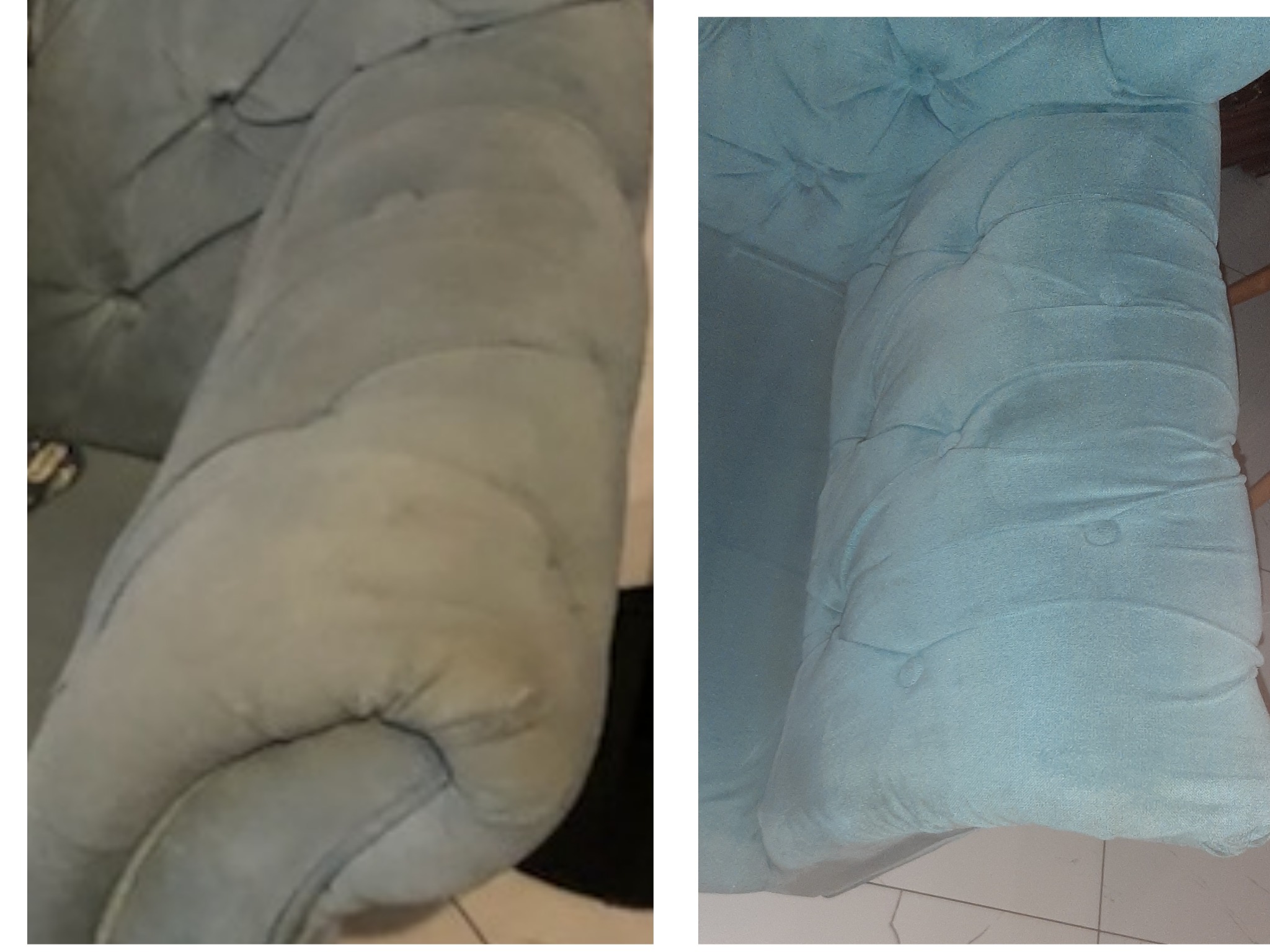 Porównanie fragmentu tapicerki fotela przed i po czyszczeniu, ukazujące różnicę w kolorze i usunięcie zabrudzeń.