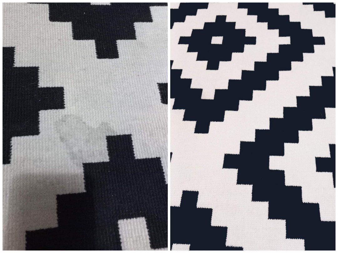 Fragment dywanu w geometryczne wzory, po lewej stronie widoczna plama przed czyszczeniem, po prawej dywan czysty po zabiegu.