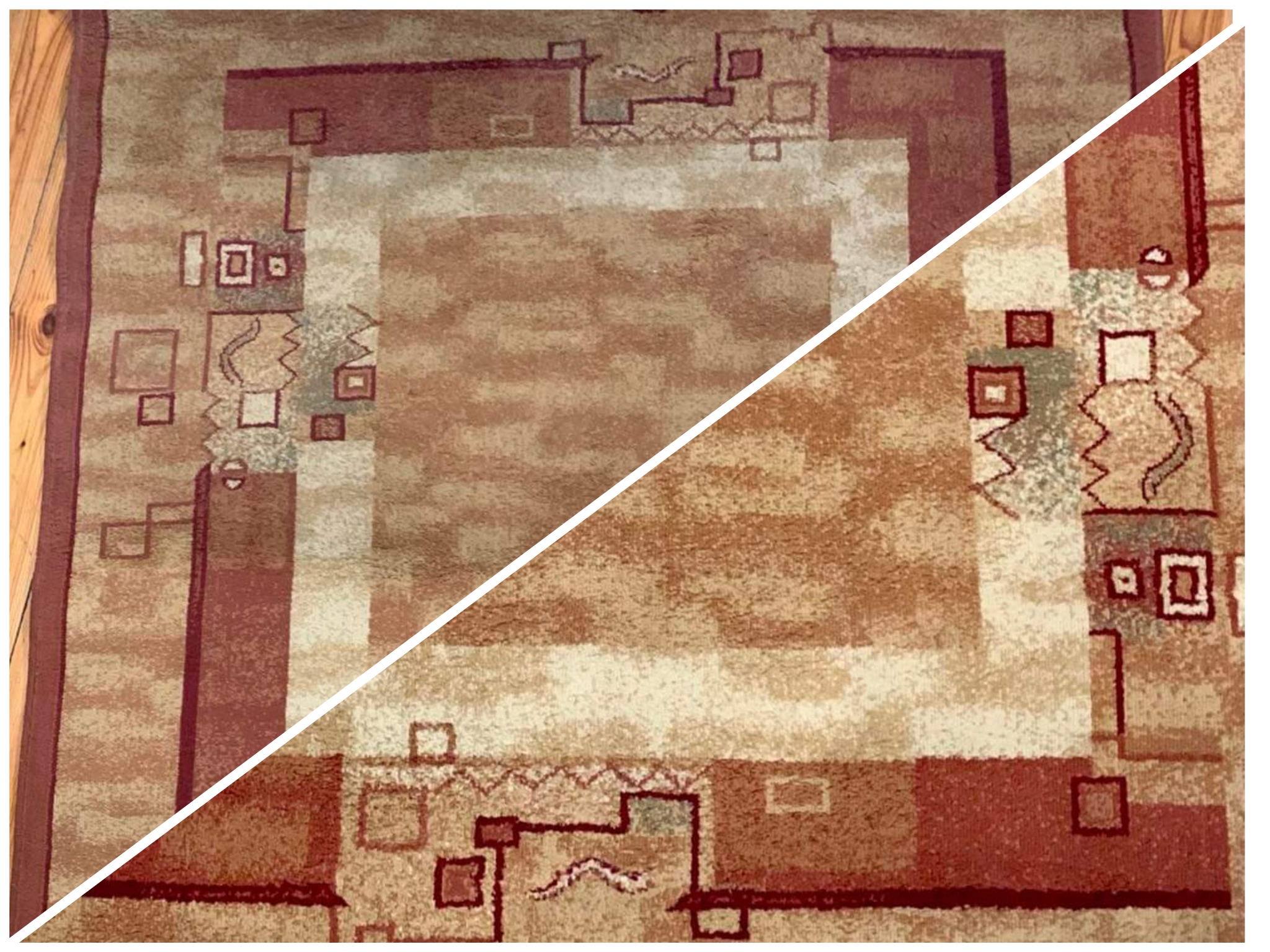 Dywan z geometrycznym wzorem, podzielony ukośną linią: po lewej stronie dywan przed czyszczeniem, po prawej - po czyszczeniu. Widoczna różnica w jasności i intensywności barw.