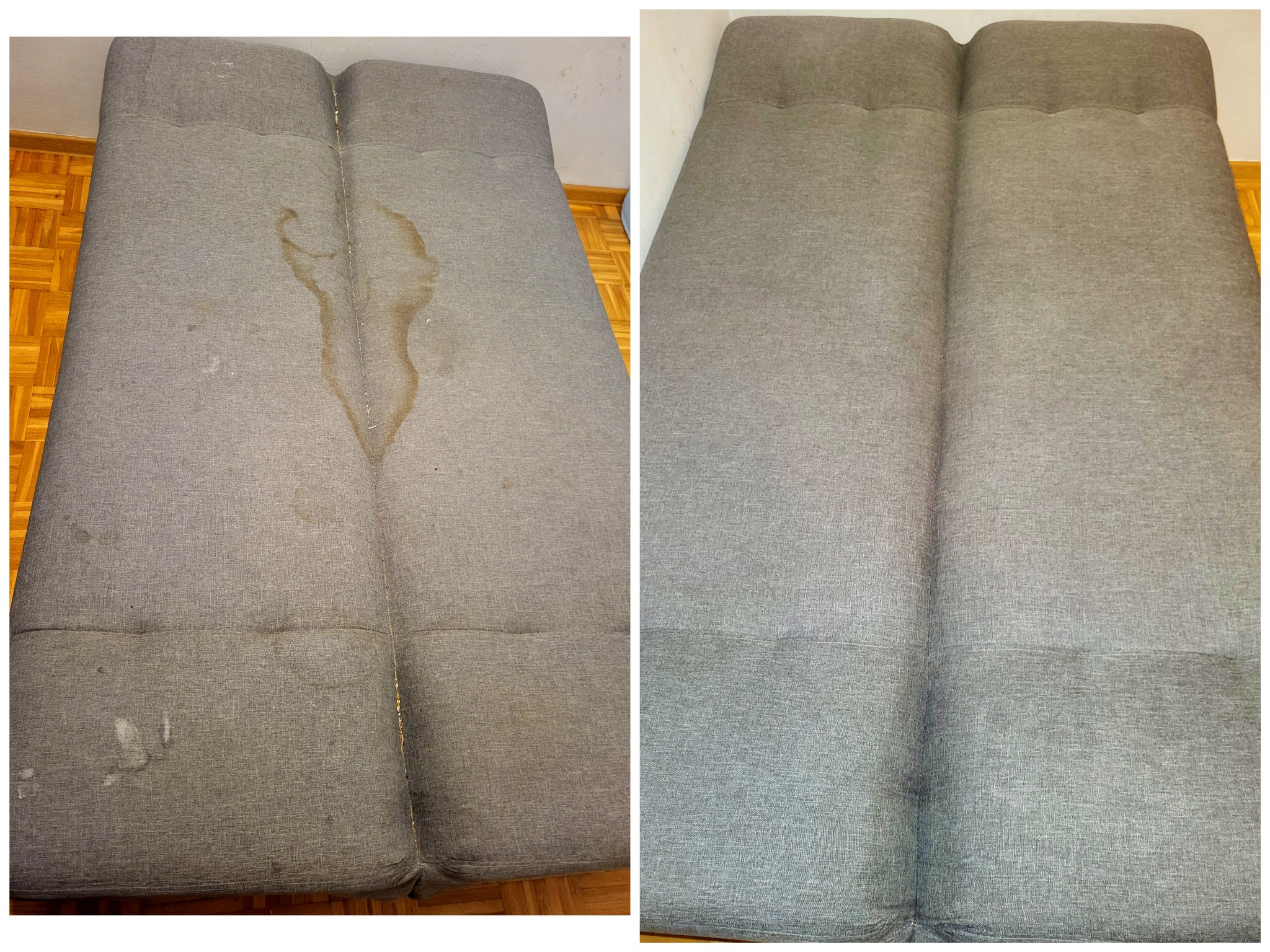 Porównanie: Materac dwuosobowy z szarej tkaniny przed i po czyszczeniu. Po lewej widoczne wyraźne plamy, po prawej materac czysty, bez śladów zabrudzeń.