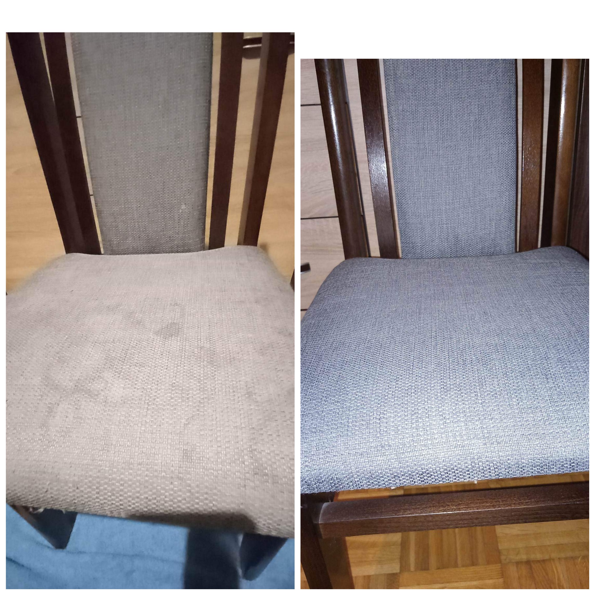 Krzesło z tapicerką: po lewej stronie widoczny brudny materiał, po prawej stronie czysty, świeżo wyprany materiał.