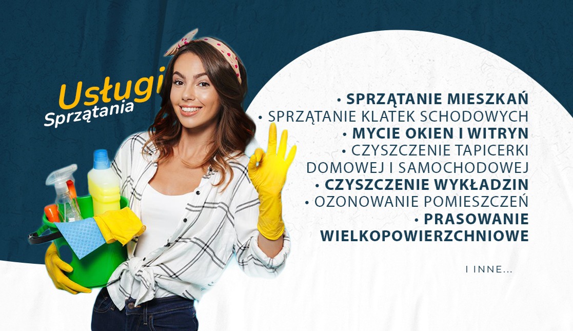 Uśmiechnięta kobieta w rękawicach ochronnych, trzymająca wiadro ze środkami czystości, na tle grafiki z listą usług porządkowych.