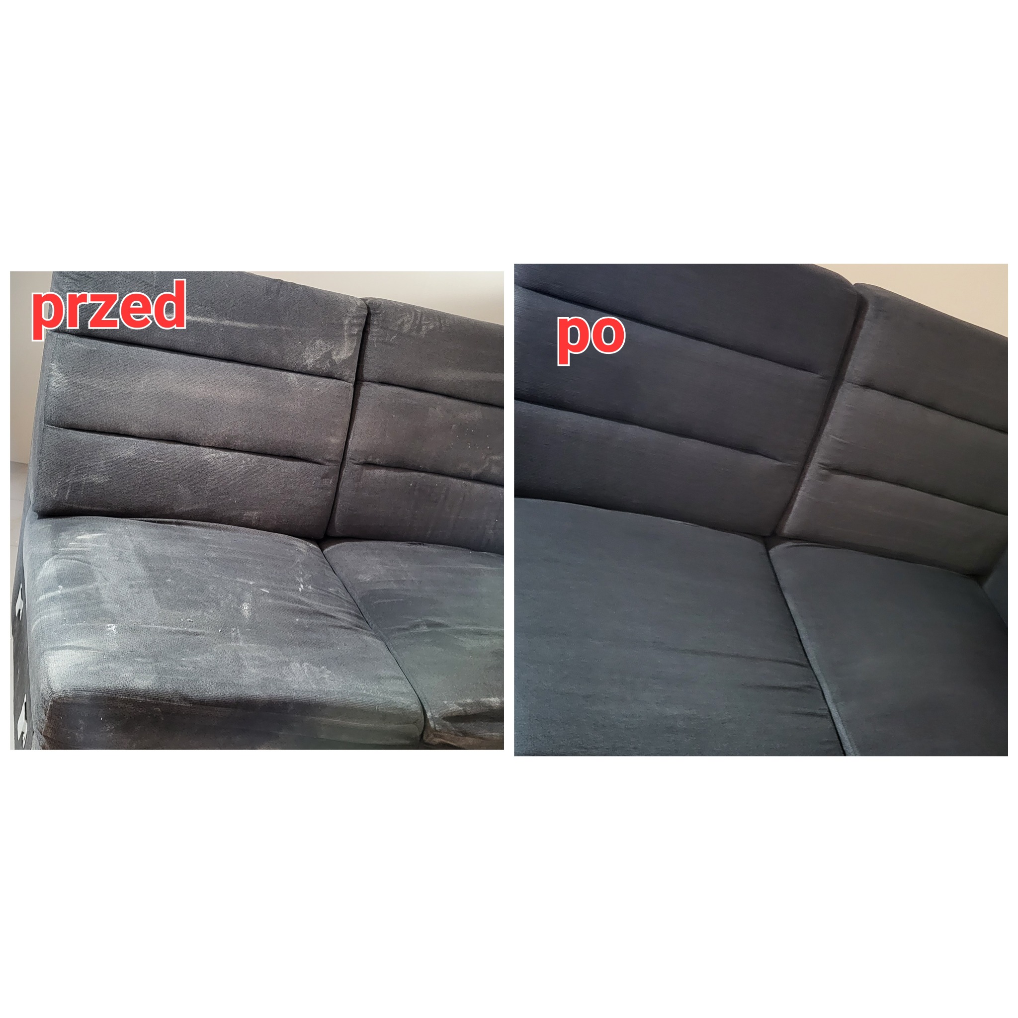 Zdjęcie kanapy w Toruniu, podzielone na dwie części: lewa pokazuje stan przed czyszczeniem, z widocznymi plamami i zabrudzeniami, a prawa prezentuje efekt po czyszczeniu, z odświeżonym i jednolitym...