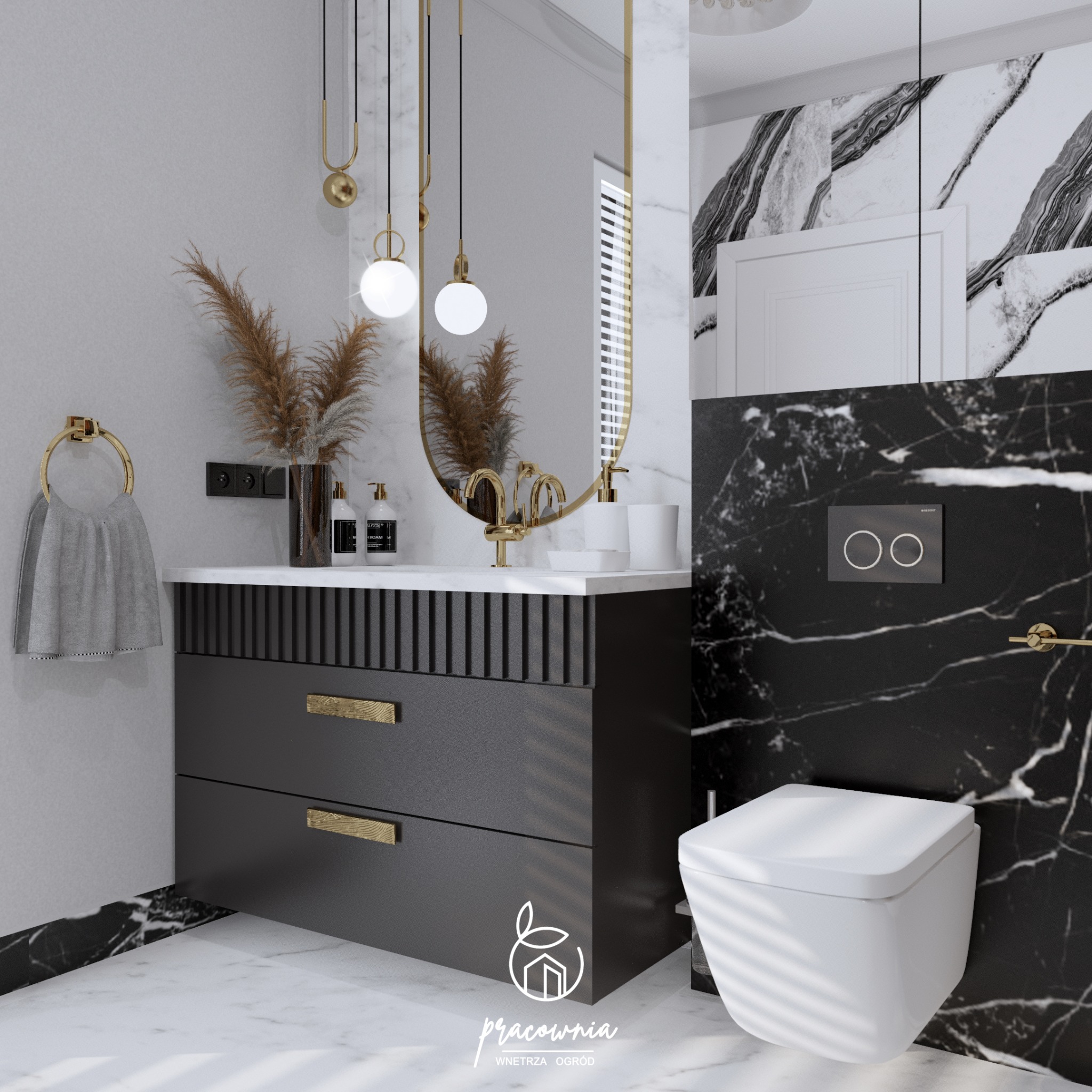 Wizualizacja łazienki z czarno-białymi marmurkowymi ścianami, umywalką z szafką w kolorze grafitowym z złotymi uchwytami, okrągłym lustrem w złotej ramie i wiszącymi lampami z kulistymi kloszami.