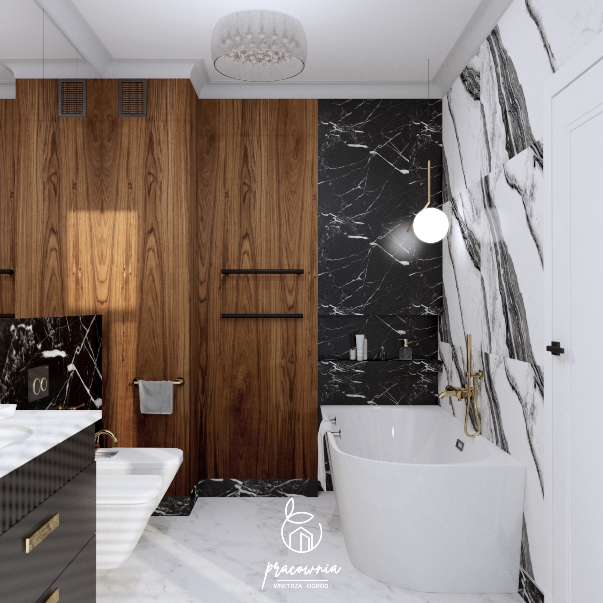 Elegancka łazienka z drewnianymi panelami, marmurowymi płytkami w odcieniach czerni i bieli oraz wolnostojącą wanną i wiszącą toaletą, oświetlona kulistą lampą.