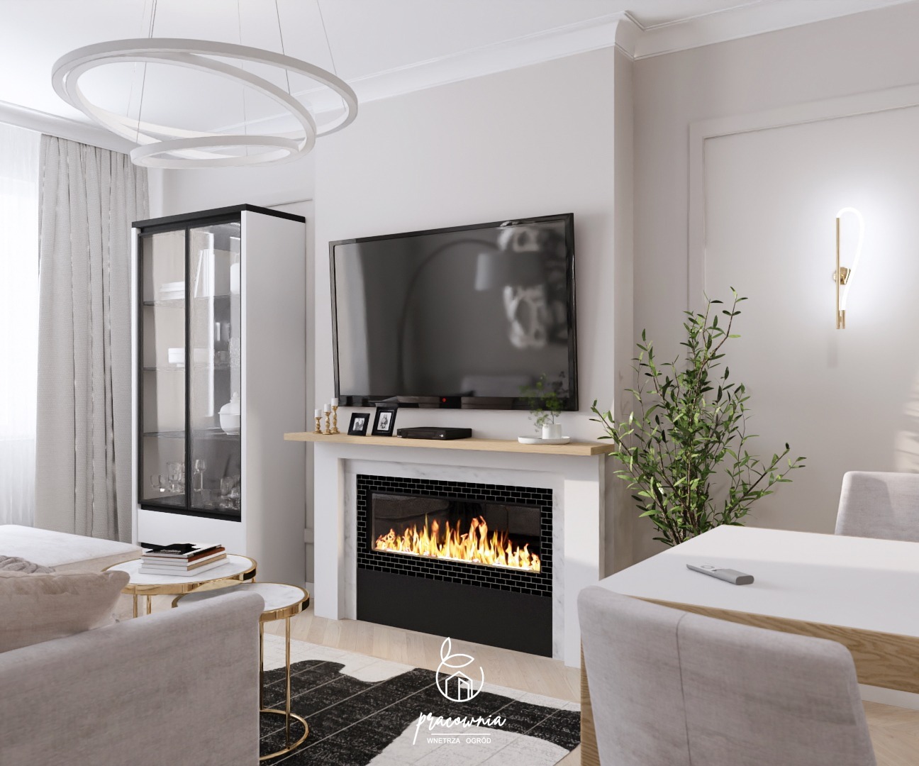 Elegancki salon z kominkiem elektrycznym, telewizorem na ścianie i minimalistycznym oświetleniem. Widoczny stolik kawowy z książkami, dekoracyjna roślina i nowoczesny żyrandol.