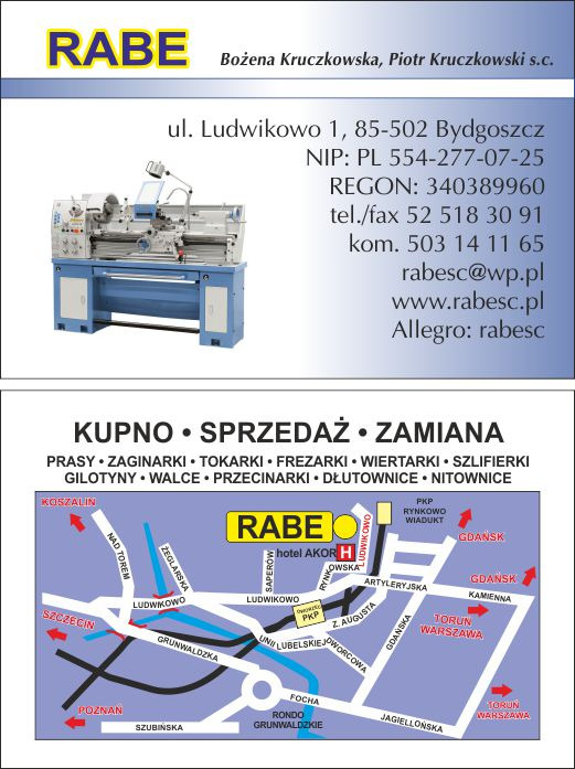 Reklama firmy RABE z Bydgoszczy: tokarka na tle danych kontaktowych i mapy dojazdu.