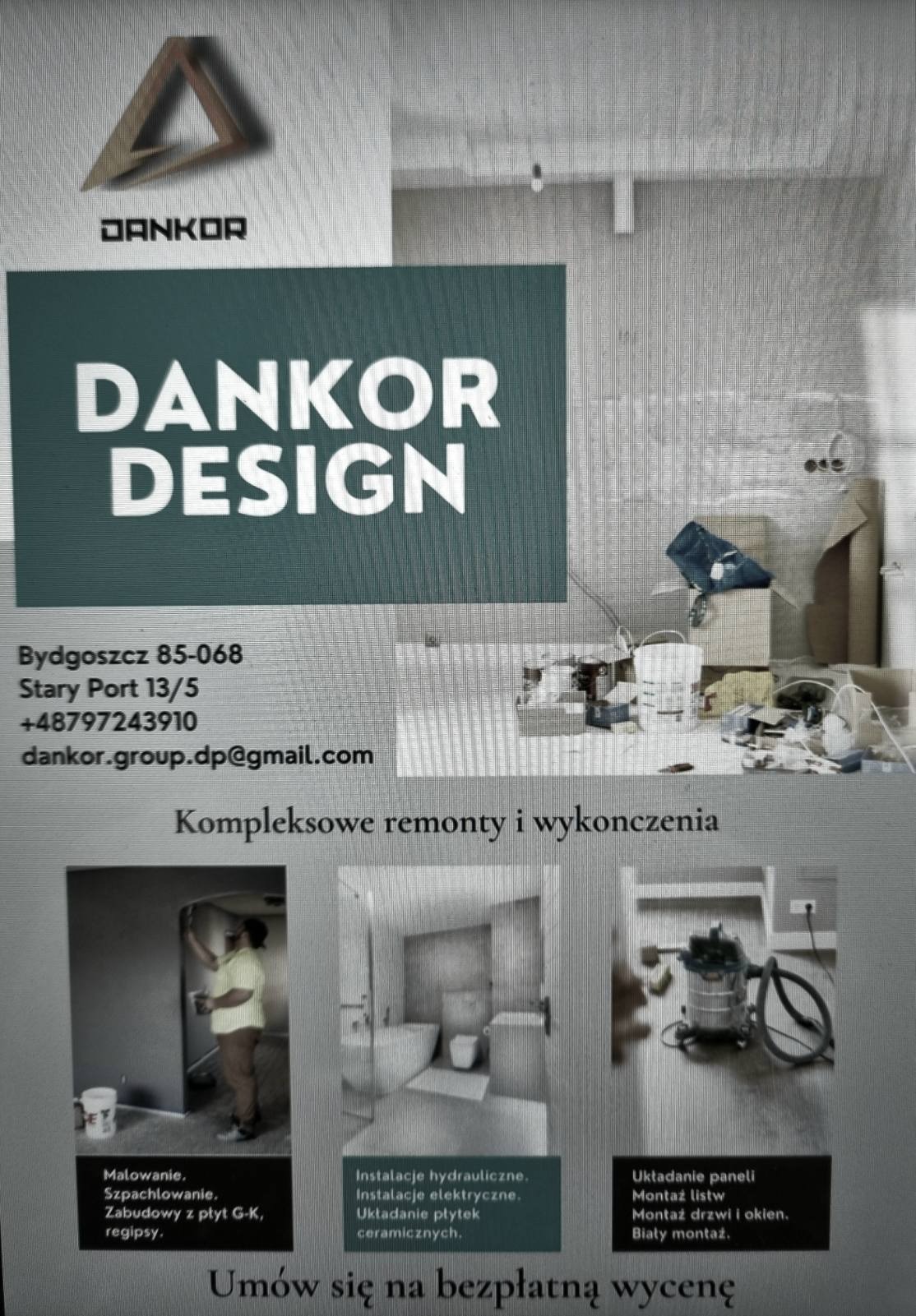 Ulotka reklamowa firmy Dankor Design oferującej kompleksowe remonty i wykończenia, z logo i danymi kontaktowymi, prezentująca przykładowe realizacje: malowanie, szpachlowanie, zabudowy z płyt G-K...