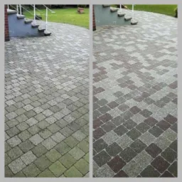 Kostka brukowa przed i po czyszczeniu: po lewej stronie pokryta zielonym nalotem, po prawej czysta, ukazująca oryginalny wzór i kolor. Schody i trawnik w tle.