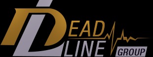 Logo firmy 'Deadline Group' z elementami graficznymi w kolorach złotym i szarym na czarnym tle, z motywem linii EKG w części nazwy.