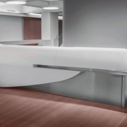 ARECO Spółka z o.o. - Nowoczesna biała lada recepcyjna o zaokrąglonym kształcie z elementami ze stali nierdzewnej, umieszczona w minimalistycznym wnętrzu z drewnianą podłogą i białymi ścianami.