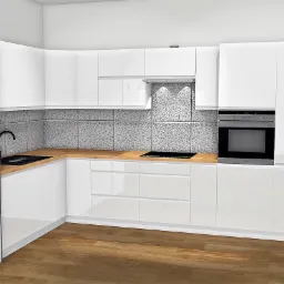 Wizualizacja nowoczesnej kuchni z białymi, lakierowanymi frontami, drewnianym blatem i szarymi płytkami na ścianie, widok na zabudowę kuchenną z lodówką, zlewem, płytą grzewczą i piekarnikiem.